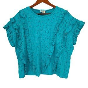 True Luxe Jeans Eyelet Top Women Size Large Turquoise Cotton Ruffle Stretch NWT